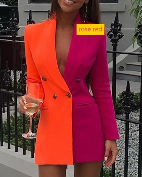 Color blocking patchwork professional outfit V-neck cardigan and small suit