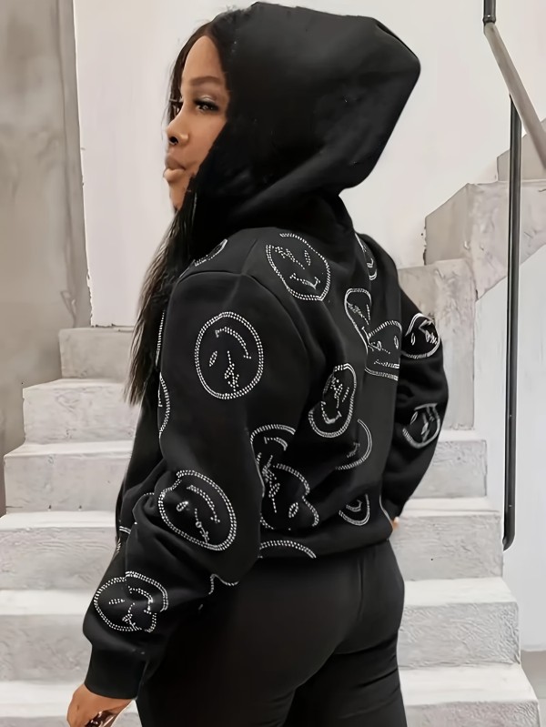 Smiling printed zipper hooded sweatshirt