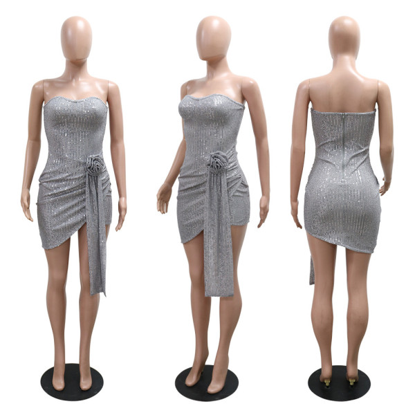 Sequin dress, strapless, hip hugging short skirt