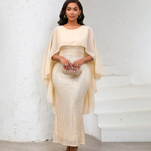 Chiffon cape sequin wrapped hip long skirt