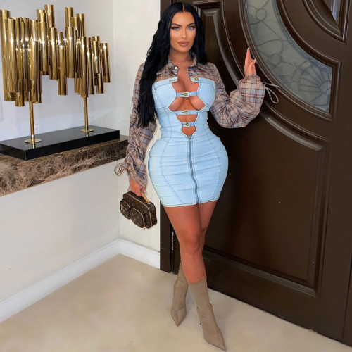 Splicing open drawstring metal button micro elastic denim dress