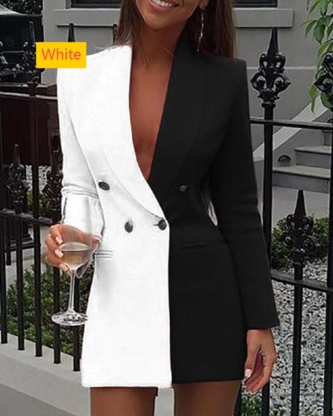 Color blocking patchwork professional outfit V-neck cardigan and small suit