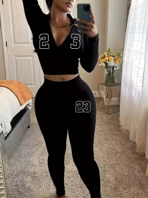 Digital printed zipper hooded long sleeved pants set