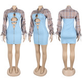 Splicing open drawstring metal button micro elastic denim dress