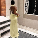 Backless hanging neck deep V-neck solid color slit dress