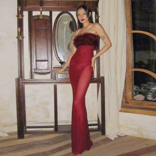 Backless fur collar patchwork mesh strapless dress