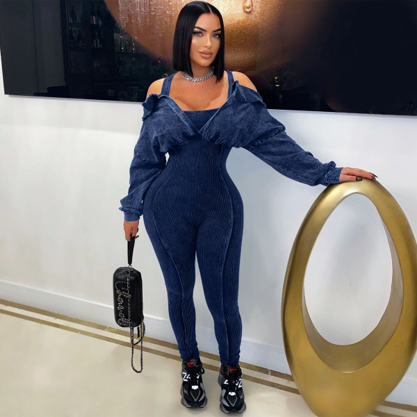Washed and worn off shoulder tight jumpsuit