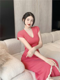 V-neck sleeve front shoulder cinched knit dress