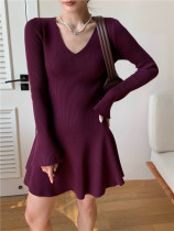 V-neck solid color pit stripe flared sleeve waist cinched A-line skirt V-neck solid color pit stripe flared sleeve waist cinched A-line skirt