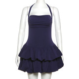 Strapless puffy skirt with neck tie, solid color short skirt