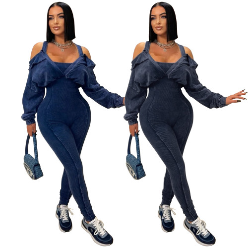 Washed and worn off shoulder tight jumpsuit