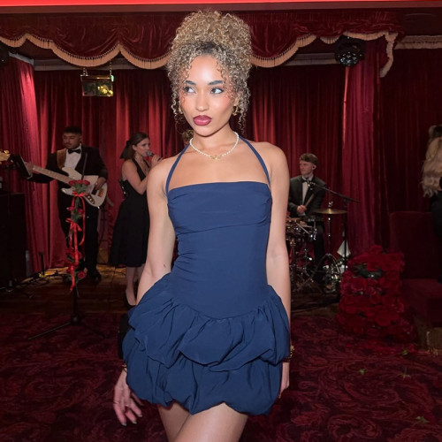 Strapless puffy skirt with neck tie, solid color short skirt