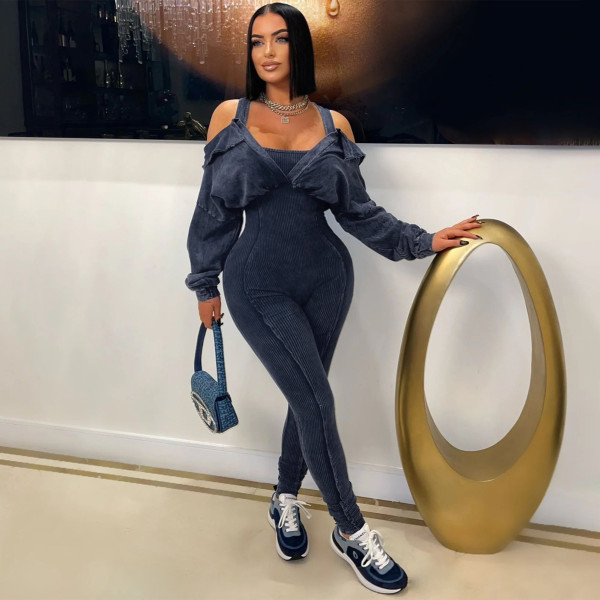 Washed and worn off shoulder tight jumpsuit