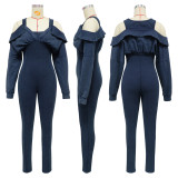 Washed and worn off shoulder tight jumpsuit