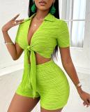 Texture collar set short sleeved lace up shorts