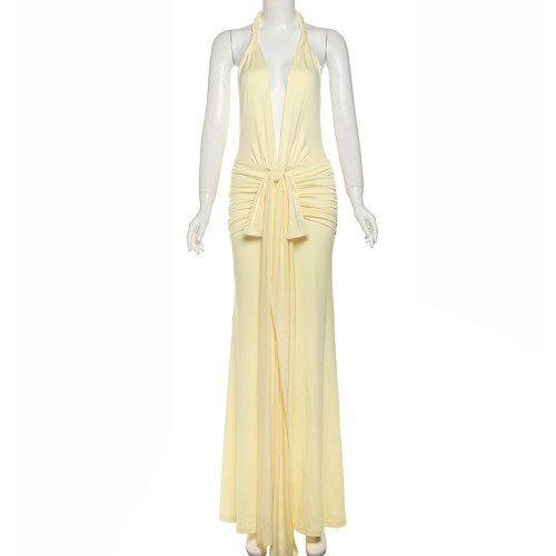 Backless hanging neck deep V-neck solid color slit dress