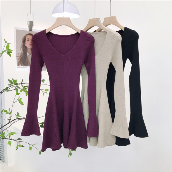 V-neck solid color pit stripe flared sleeve waist cinched A-line skirt