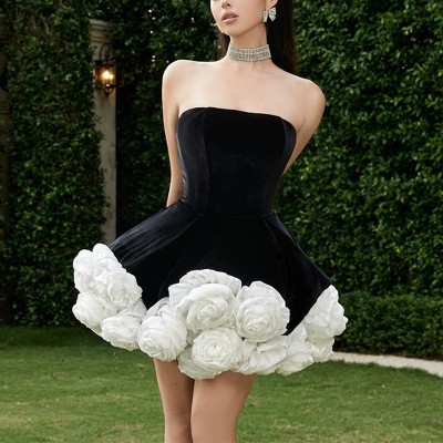 Strapless three-dimensional floral jumpsuit short skirt
