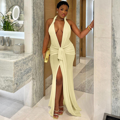 Backless hanging neck deep V-neck solid color slit dress