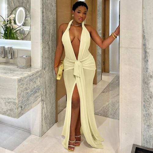 Backless hanging neck deep V-neck solid color slit dress