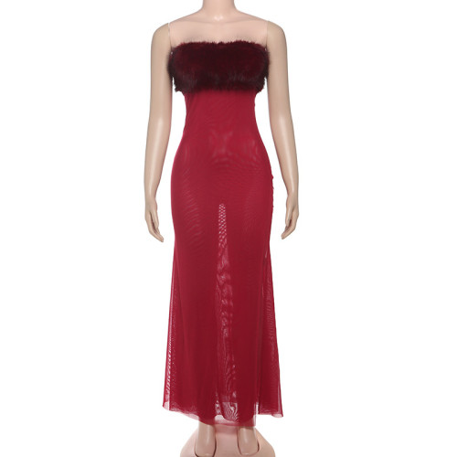 Backless fur collar patchwork mesh strapless dress