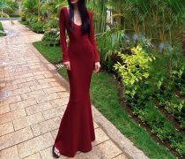 Deep V-neck knee length fishtail dress long skirt