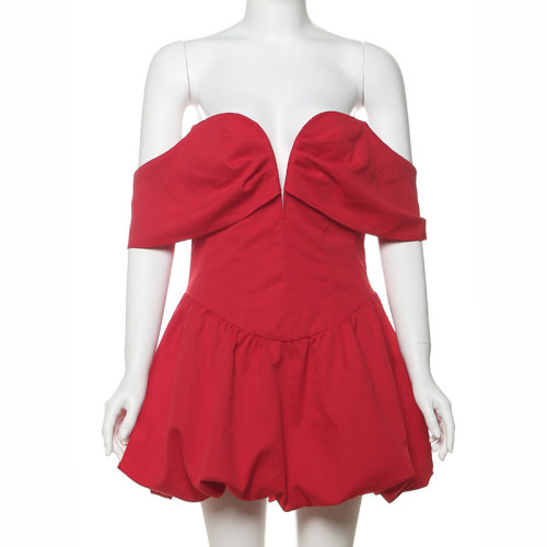 One collar solid color fluffy jumpsuit short skirt