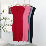 V-neck sleeve front shoulder cinched knit dress