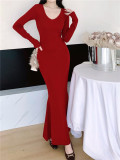 Deep V-neck knee length fishtail dress long skirt