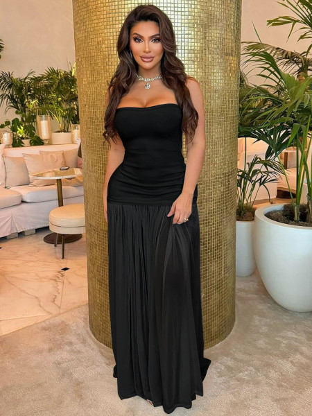 Solid color sleeveless patchwork strapless long dress