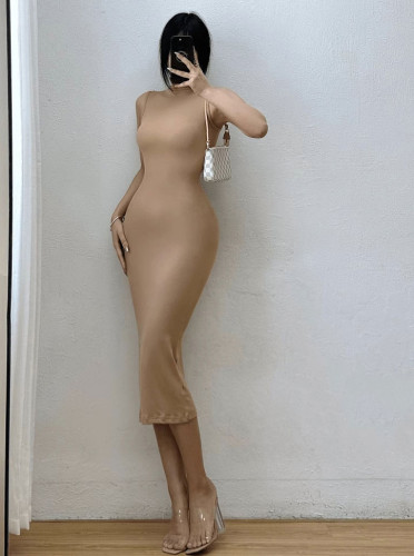 Core spun sleeveless shoulder over knee vest skirt with inner layer and dress