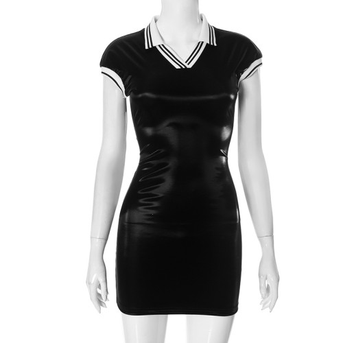 Flip collar contrasting color patchwork shiny bread buttocks dress