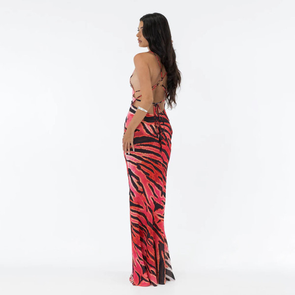 Backless lace up gradient suspender print dress