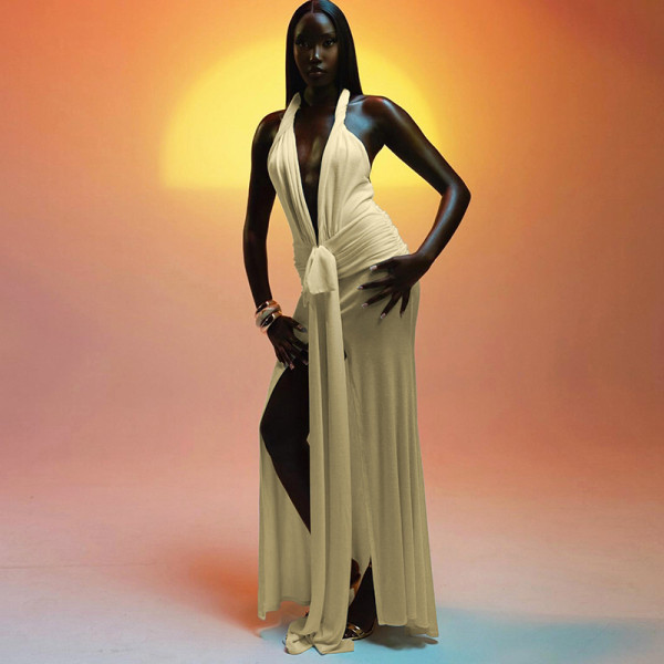 Backless hanging neck deep V-neck solid color slit dress