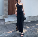 Slanted collar off shoulder irregular slimming vest skirt