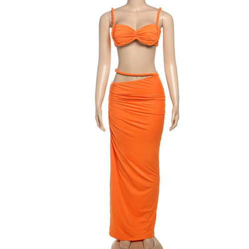 Solid color backless tank top, hip hugging skirt set