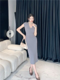 V-neck sleeve front shoulder cinched knit dress