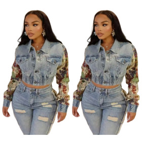 Denim print elastic slim fit top MZ88603