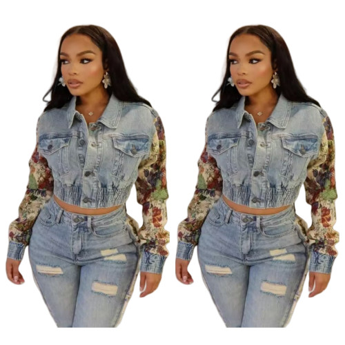 Denim print elastic slim fit top MZ88603