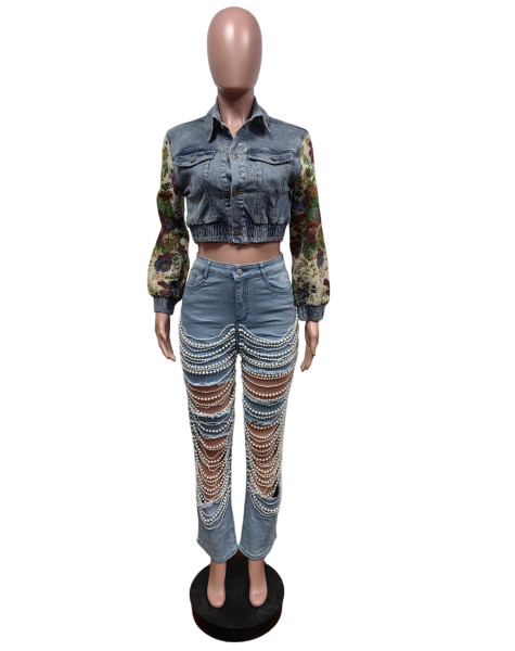 Denim print elastic slim fit top MZ88603