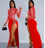 Hot stamping sexy hollow out long sleeved slit dress C7119