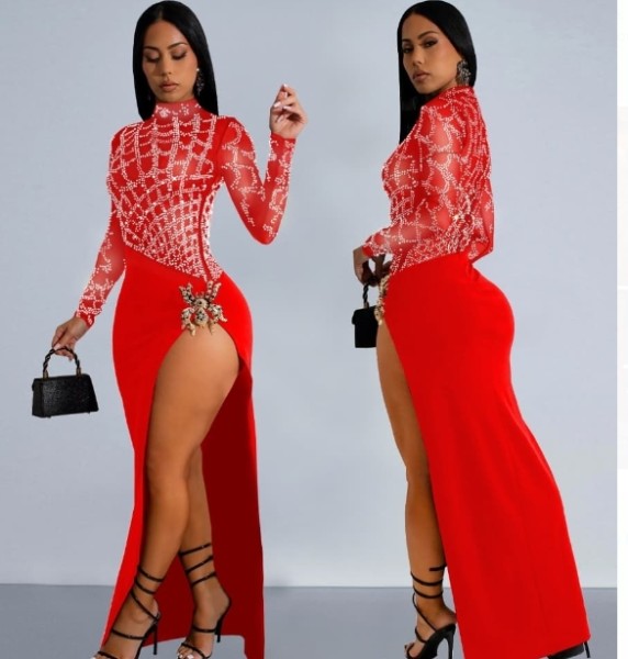 Hot stamping sexy hollow out long sleeved slit dress C7119