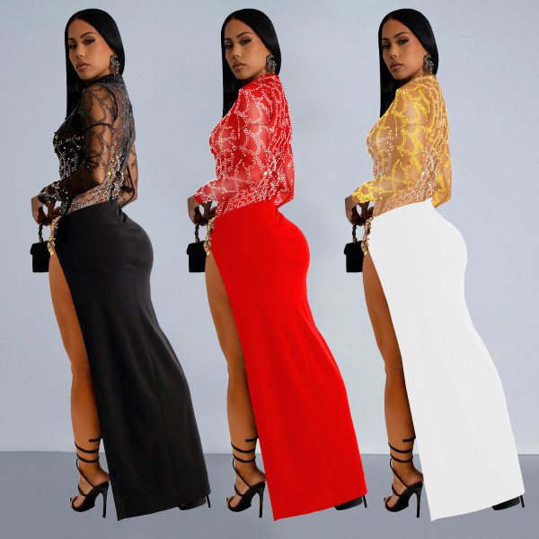 Hot stamping sexy hollow out long sleeved slit dress C7119