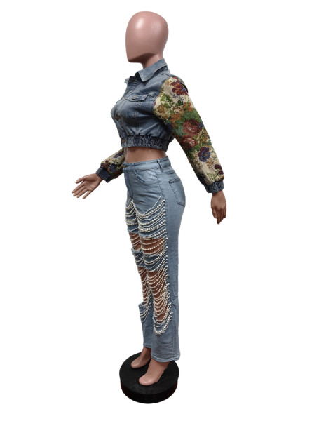 Denim print elastic slim fit top MZ88603