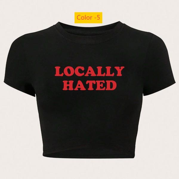 Letter printed short sleeved T-shirt with exposed navel top