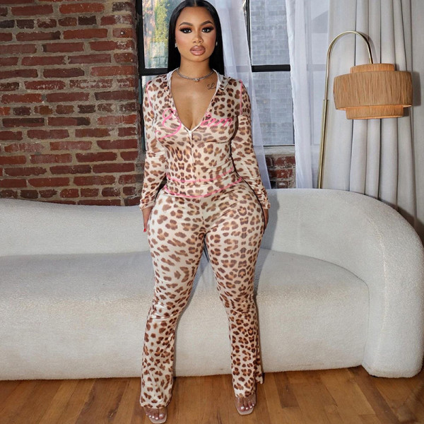 Printed hooded cardigan top leopard print high waisted tight pants set