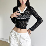 Solid color exposed navel V-neck long sleeved printed top