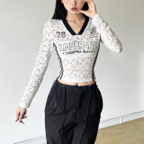 Solid color exposed navel V-neck long sleeved printed top