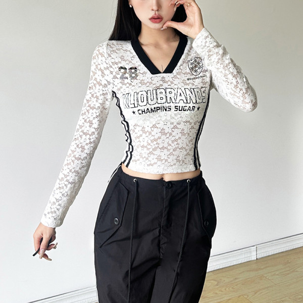 Solid color exposed navel V-neck long sleeved printed top