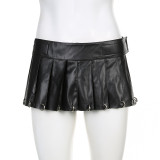 Metal decorative leather pleated skirt
